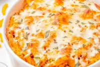 Creamy Baked Ziti with Chicken and Parmesan Crust