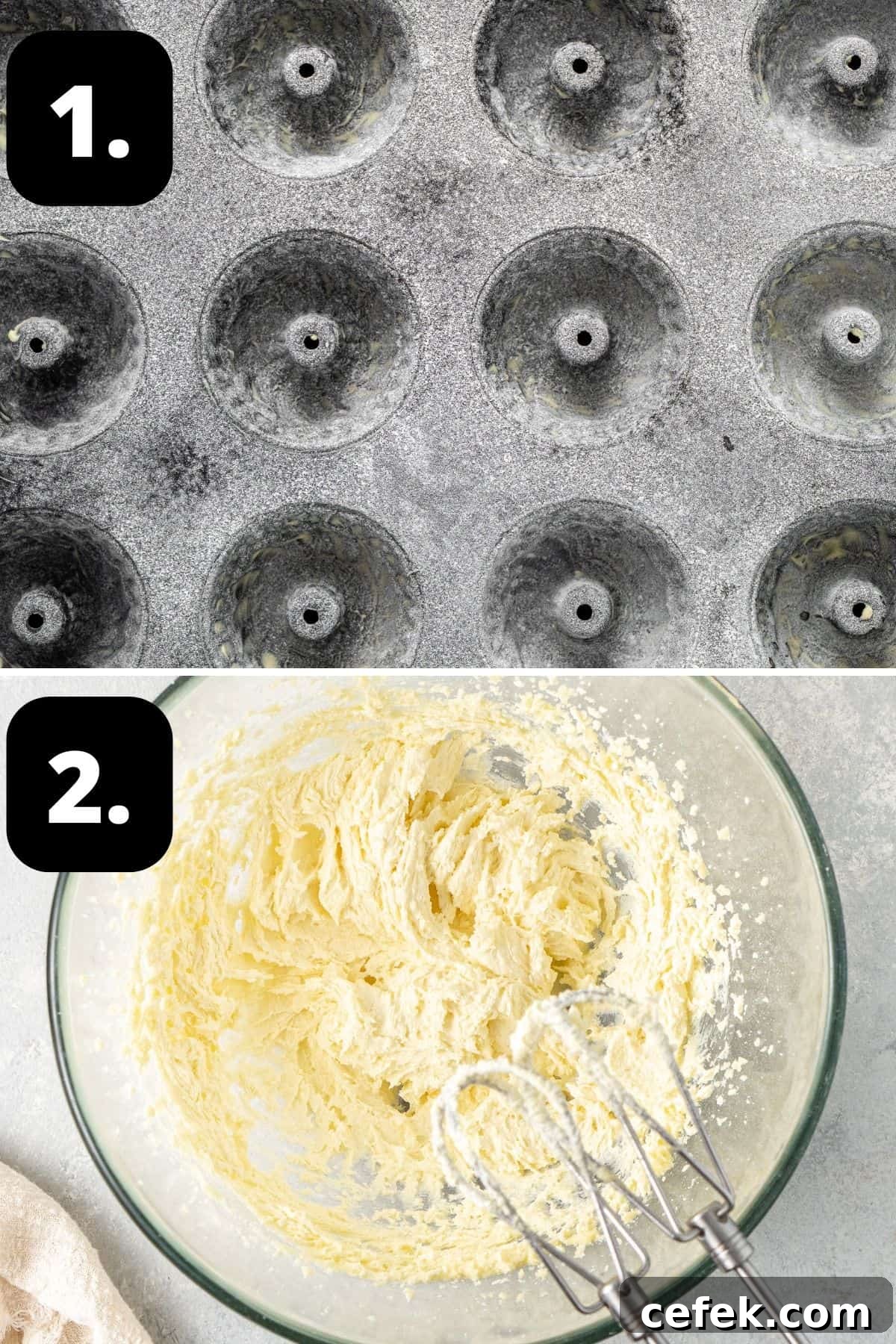 Steps 1-2 of preparing this recipe: bundt tins prepared with butter and flour and the creamed butter and sugar in a bowl.