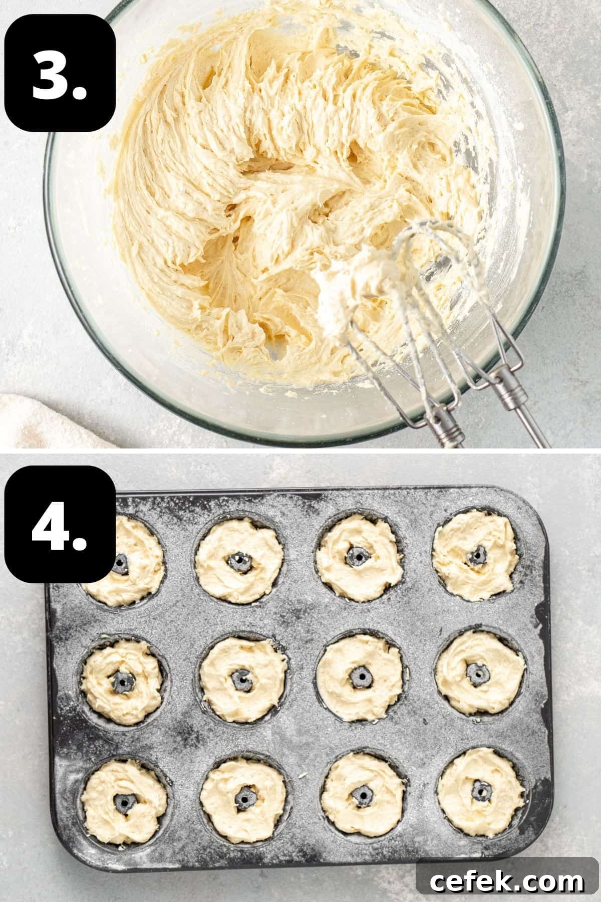 Steps 3-4 of preparing this recipe: the finished cake butter in a bowl and the mixture in the baking tins.