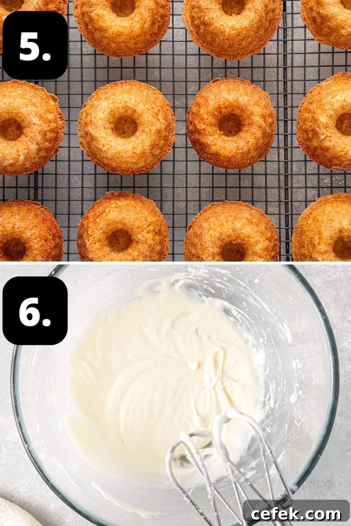 Steps 5-6 of preparing this recipe: the cooked mini bundt cakes and whipping the cream cheese frosting.