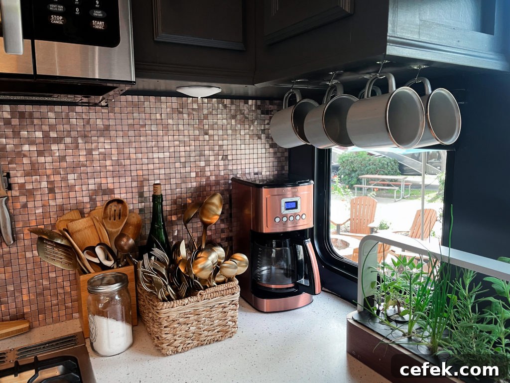 The corner of my kitchen that houses a coffee pot and our flatware in a wicker container.
