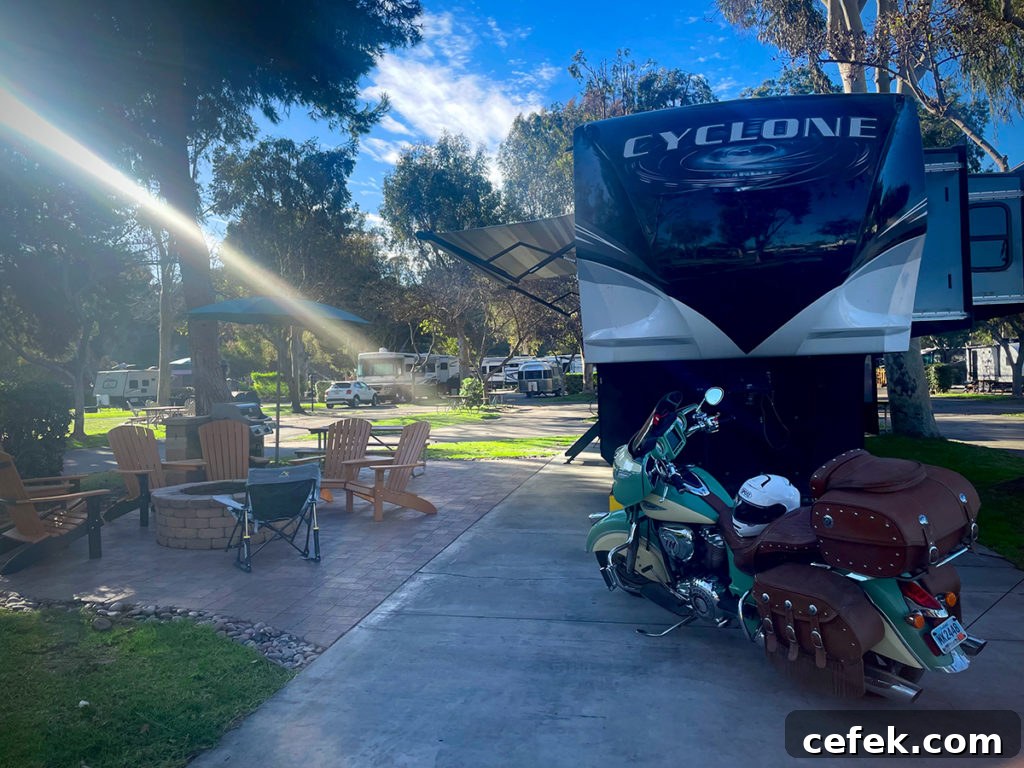 Our 5th wheel RV and Indian motorcycle parked at the San Diego KOA in January.