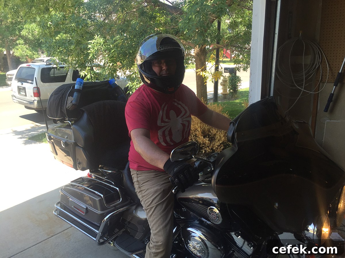 Steve on our motorcycle in July of 2015 as we left on a motorcycle trip from Colorado to California.