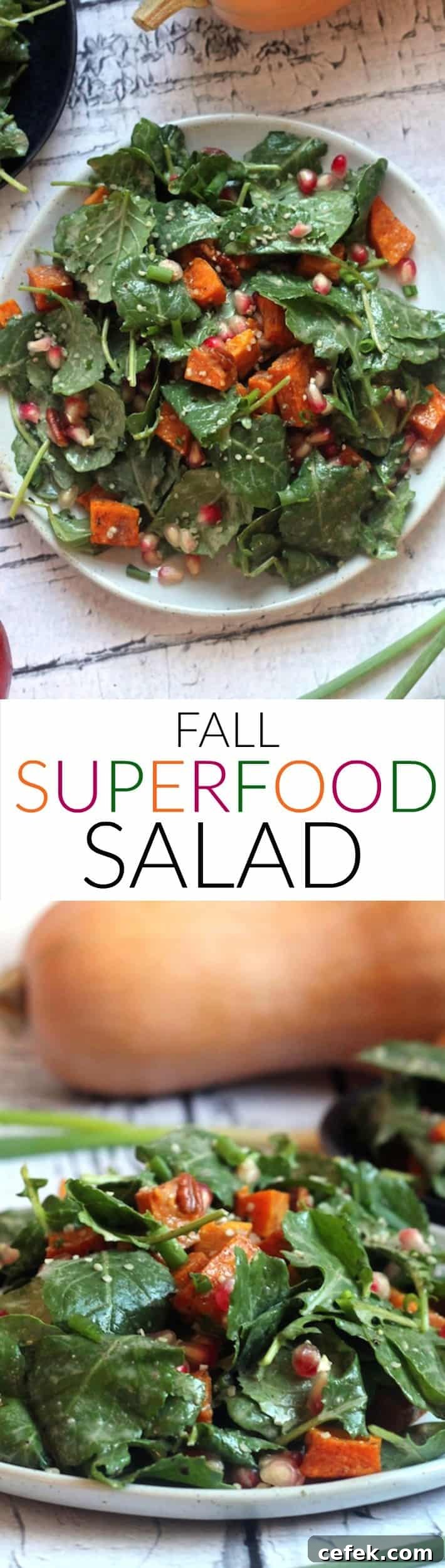 This Healthy Fall Superfood Salad is loaded with roasted butternut squash, pecans, pomegranate, and a creamy orange cinnamon vinaigrette for the perfect autumn meal.