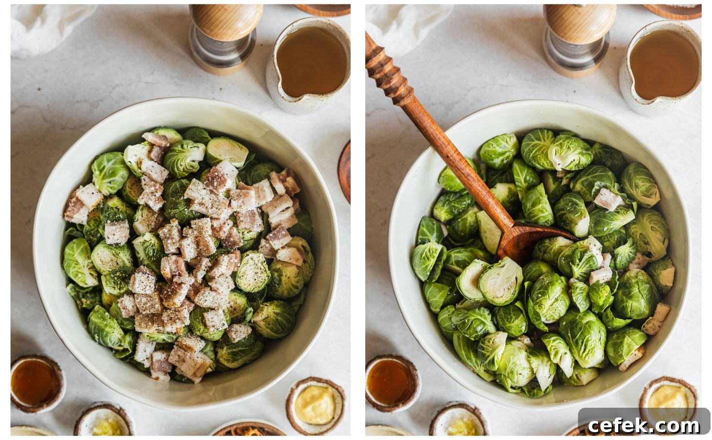 Two steps to mixing Brussels sprouts. In photo 1, a white bowl of Brussels sprouts, bacon, oil, salt and pepper on a white counter next to white and brown bowls of fried shallots, Dijon, honey garlic and oil. In photo 2, the sprouts are tossed with a wooden spoon.