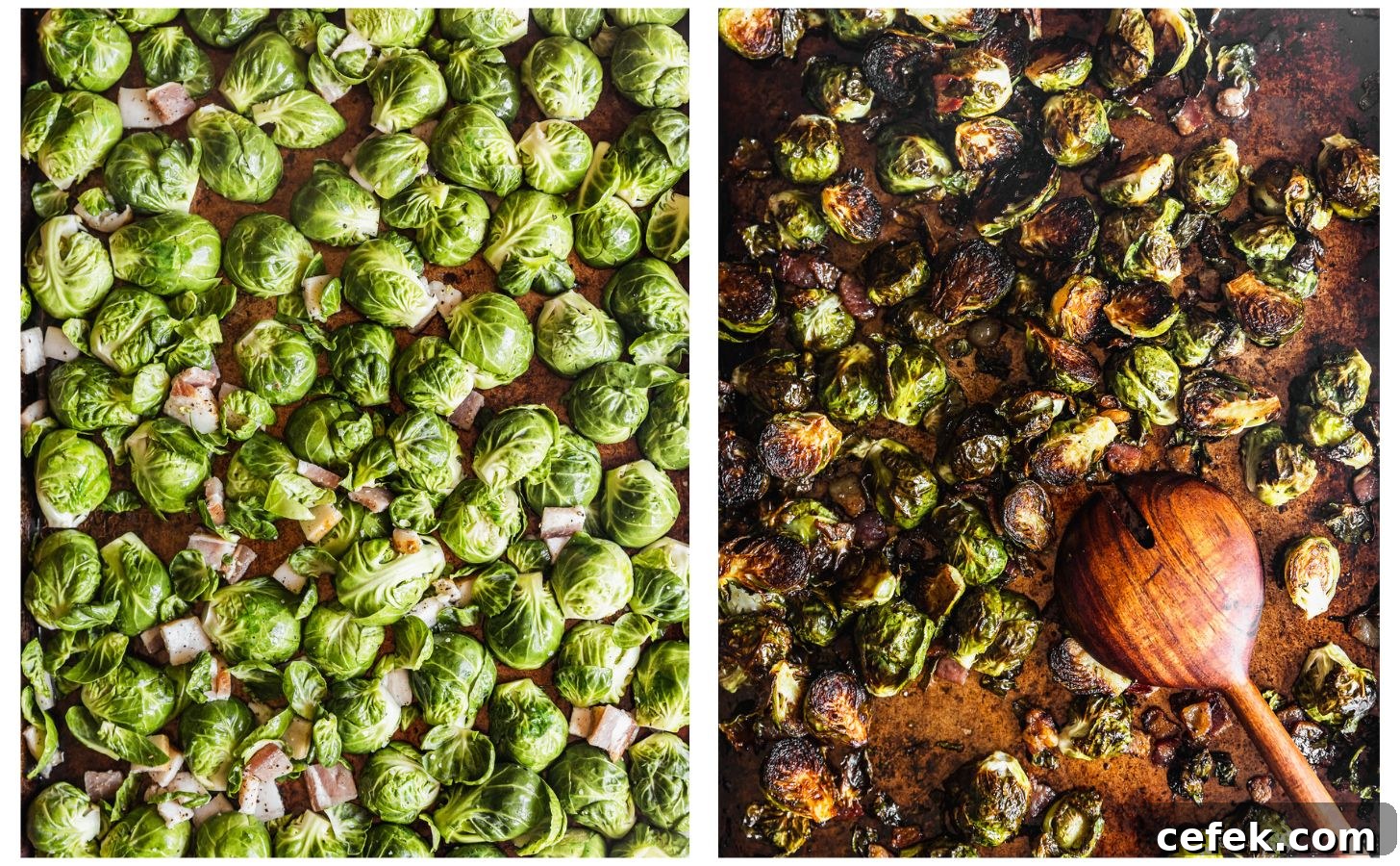 Two steps to making charred veggies. In photo 1, raw sprouts and bacon on a gold sheet pan. In photo 2, a wood spoon is mixing the cooked sprouts with vinaigrette.
