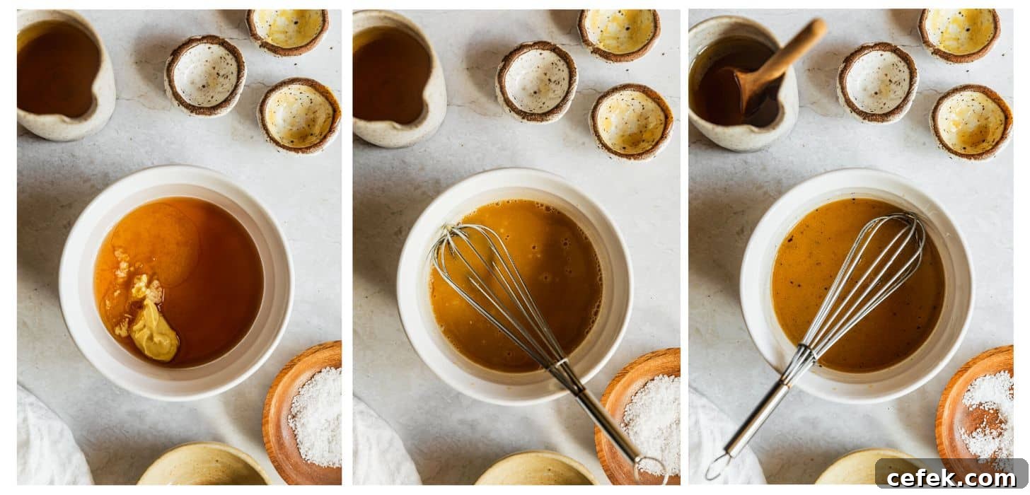 Three steps to making honey Dijon vinaigrette. In photo 1, a white bowl of vinegar, garlic, honey, and Dijon on a white counter next to empty white and brown bowls. In photo 2, the vinegar mixture is combined. In photo 3, the dressing has oil, salt and pepper mixed in.