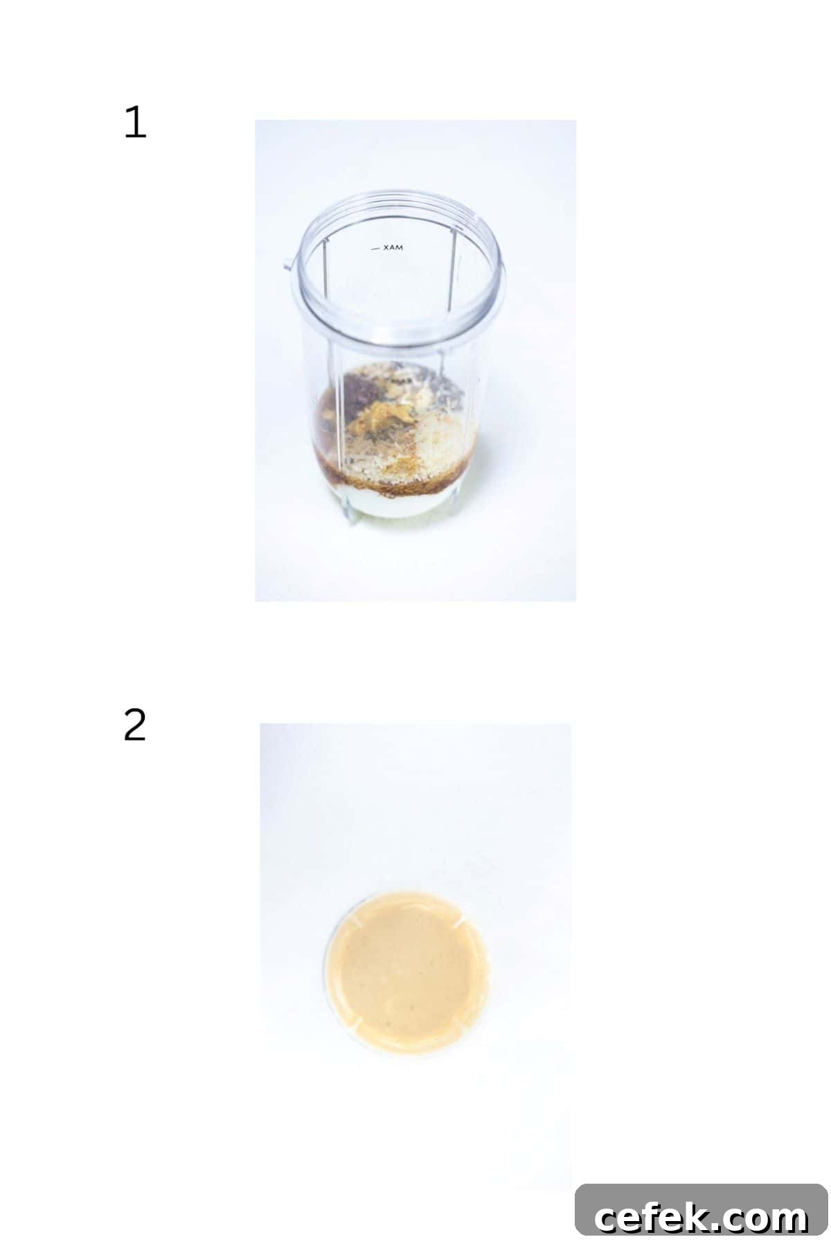Two numbered images showing how to make homemade Caesar dressing.