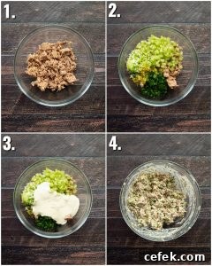 4 step by step photos showing how to make tuna salad