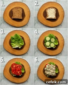6 step by step photos showing how to make a tuna salad sandwich