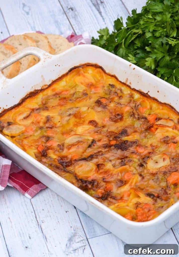 leftover pot roast casserole in a white casserole dish