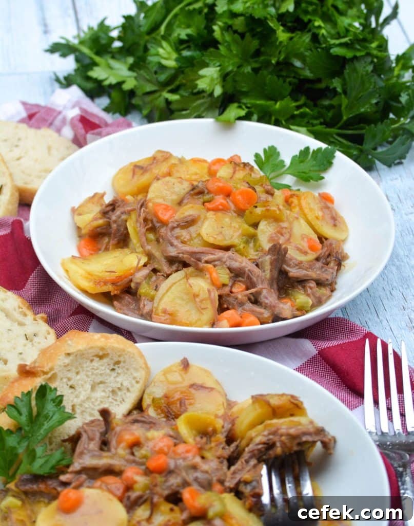 leftover pot roast casserole in two white bowls with sprigs of fresh parsley leaves on the side