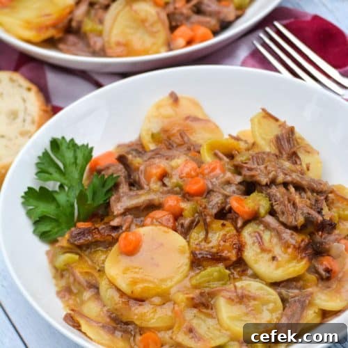 leftover pot roast casserole in two white bowls with sprigs of fresh parsley leaves on the side