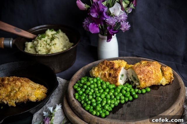 Wild Garlic Chicken Kiev on a wooden plate with green peas