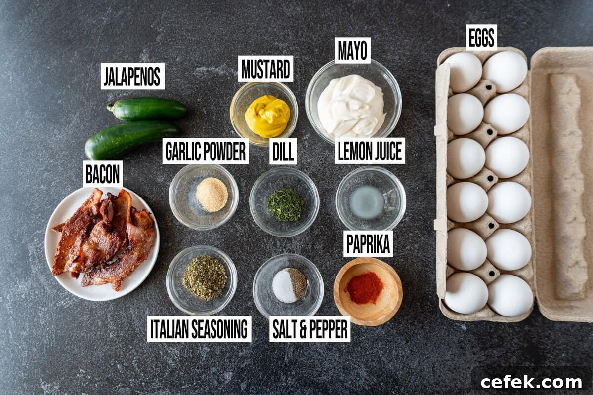 Jalapeno Bacon Deviled Eggs Ingredients in individual dishes and labeled.