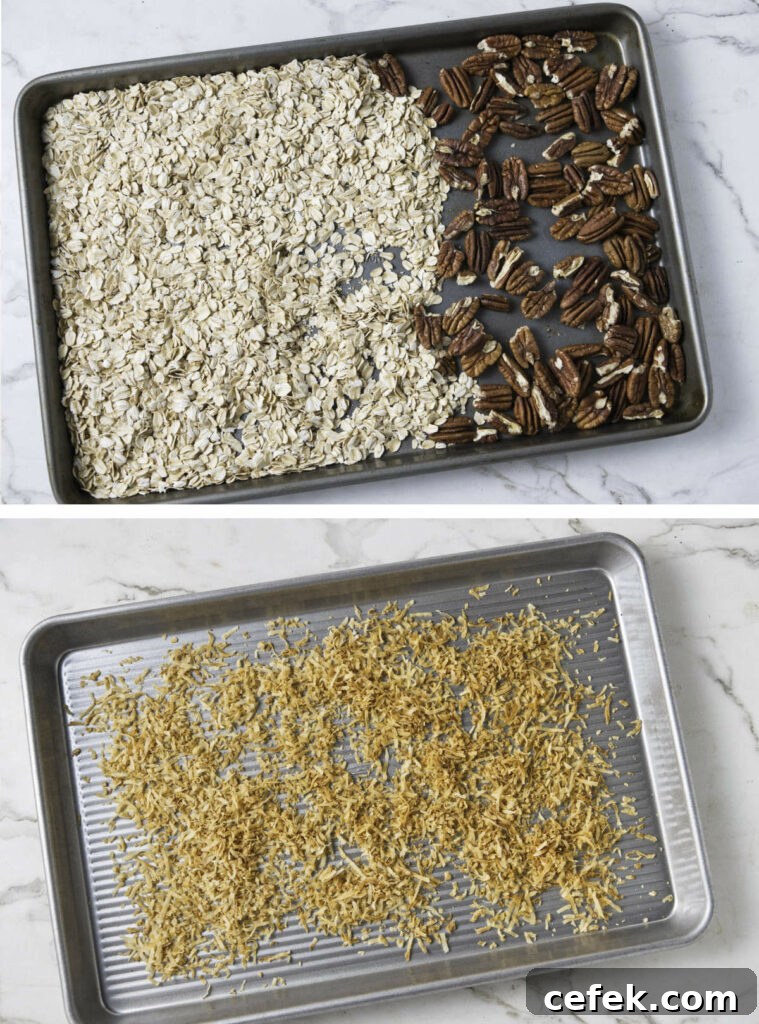 Toasting oats, pecans and coconut on sheet pans.