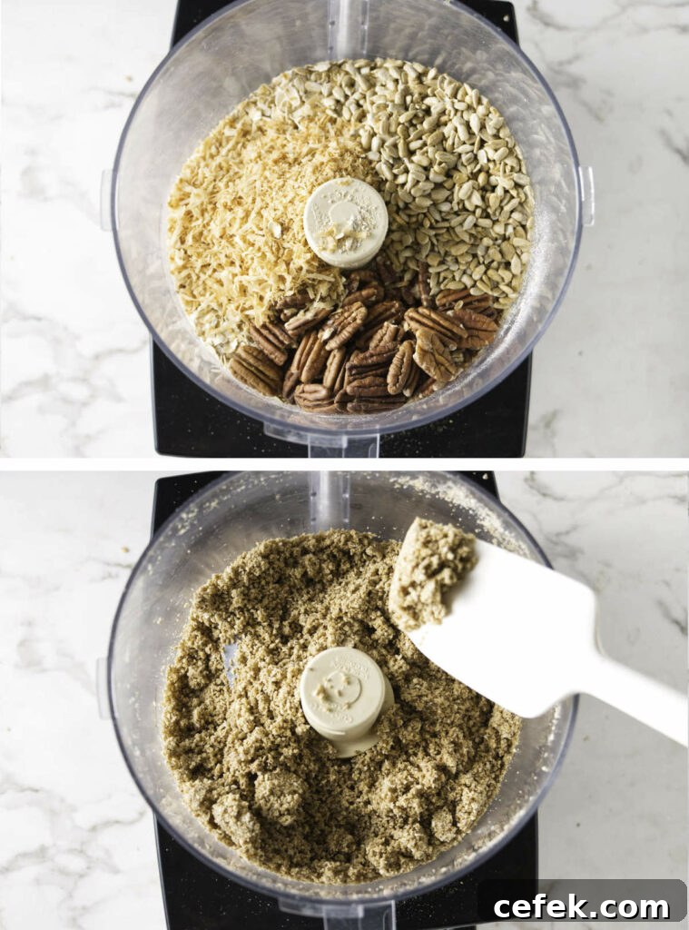 Blending coconut, sunflower seeds, and pecans in a food processor.