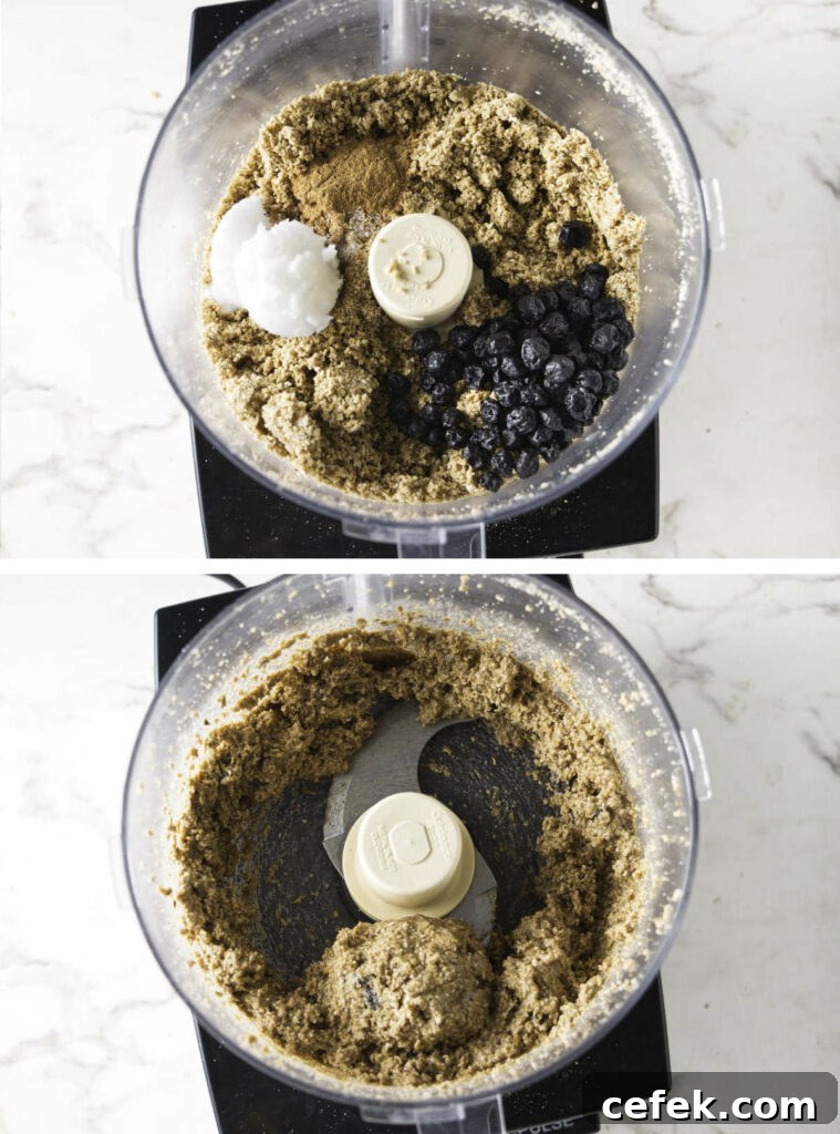 Adding dried fruit, spices, and coconut oil to the food processor and blending.
