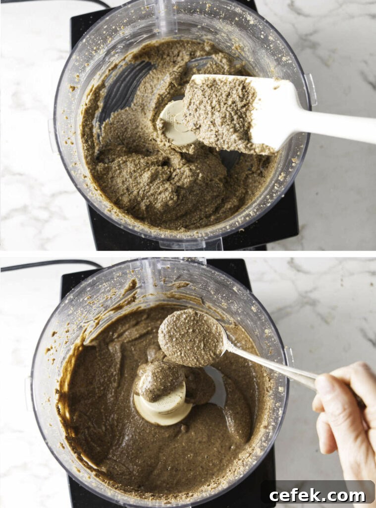 Top photo shows the mixture is still thick and chunky and the lower photo shows the mixture thin and spreadable.