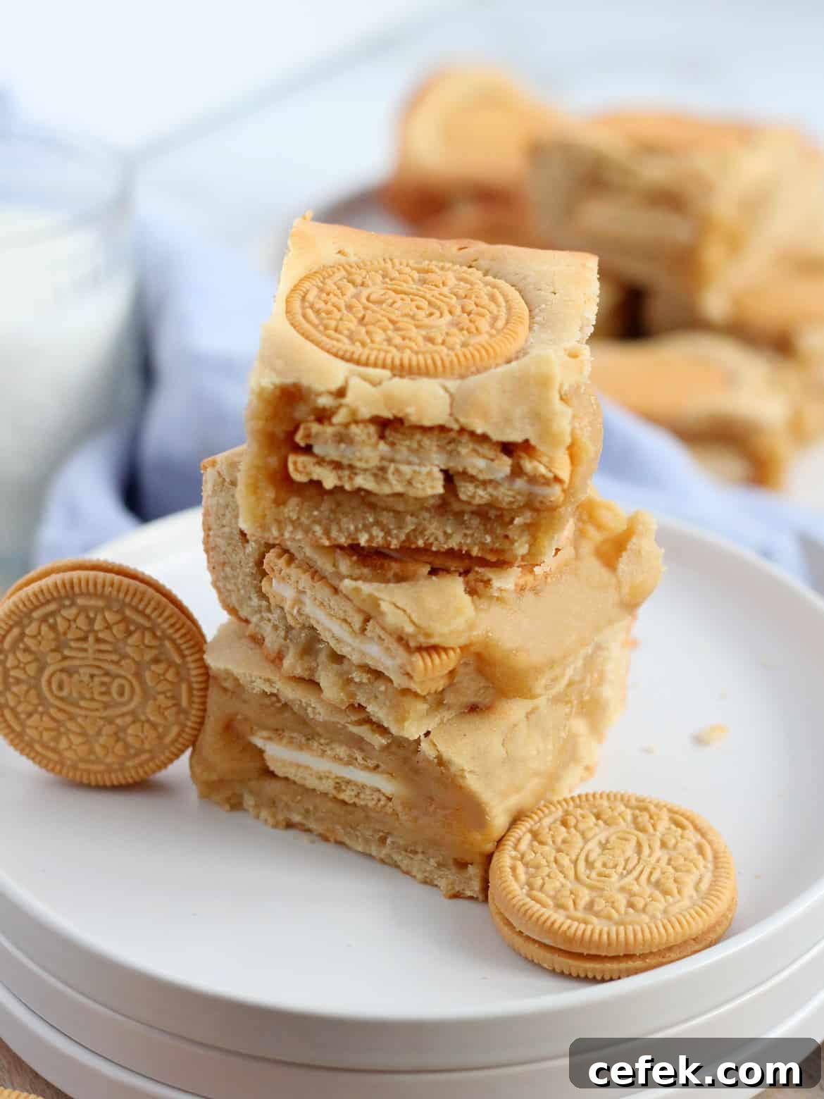 Golden oreo blondie tower on white plate
