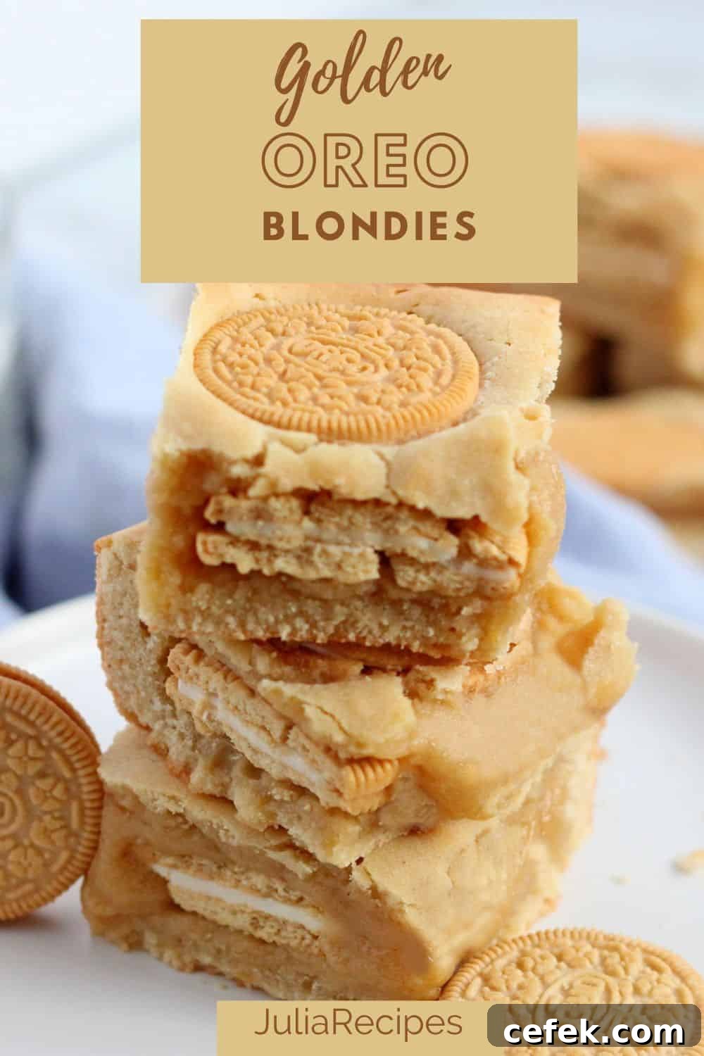 golden oreo blondies stacked on white plate with oreo cookies around
