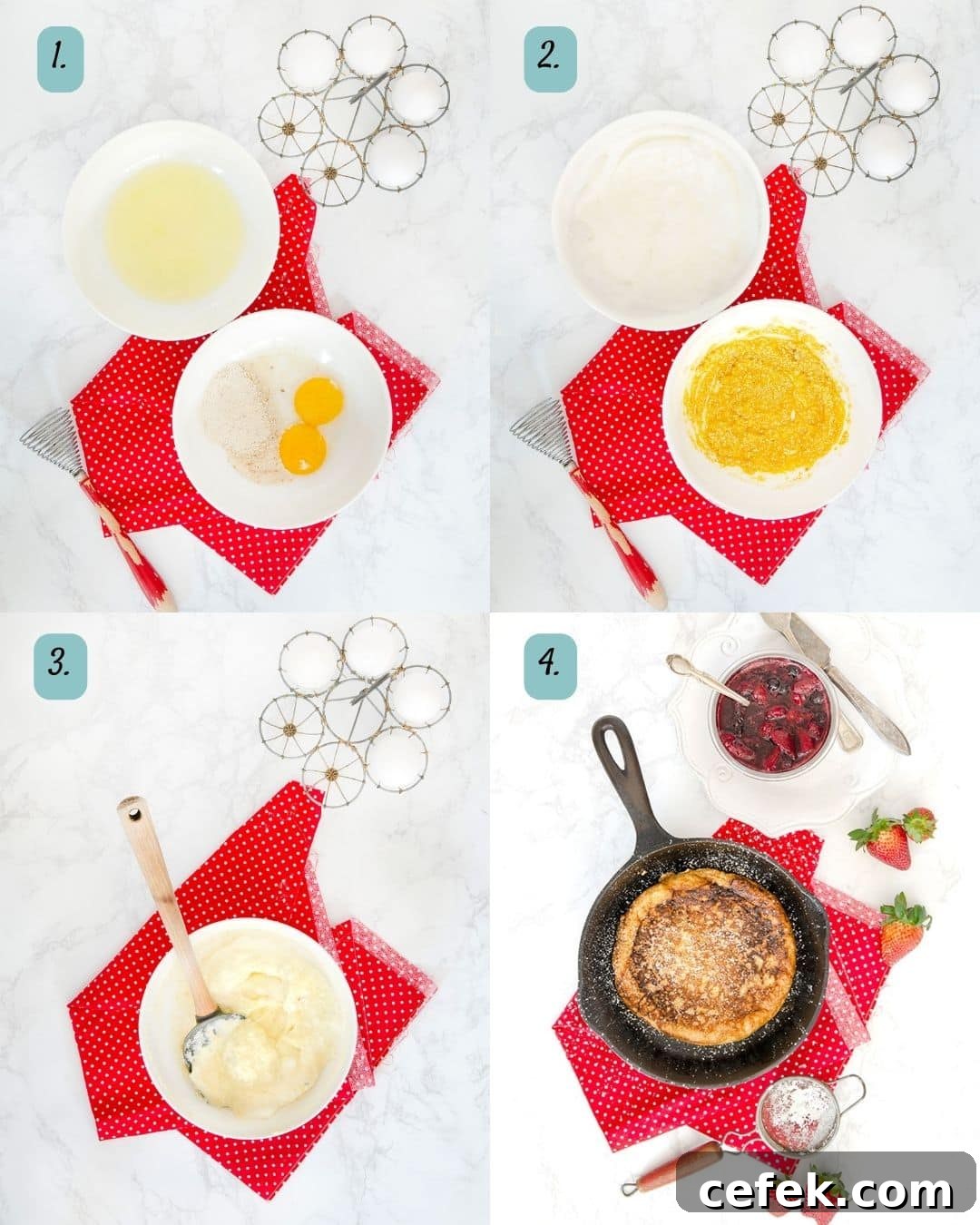Process collage showing the steps for making a bubula or matzo meal pancake from separating the eggs to cooking in a frying pan.