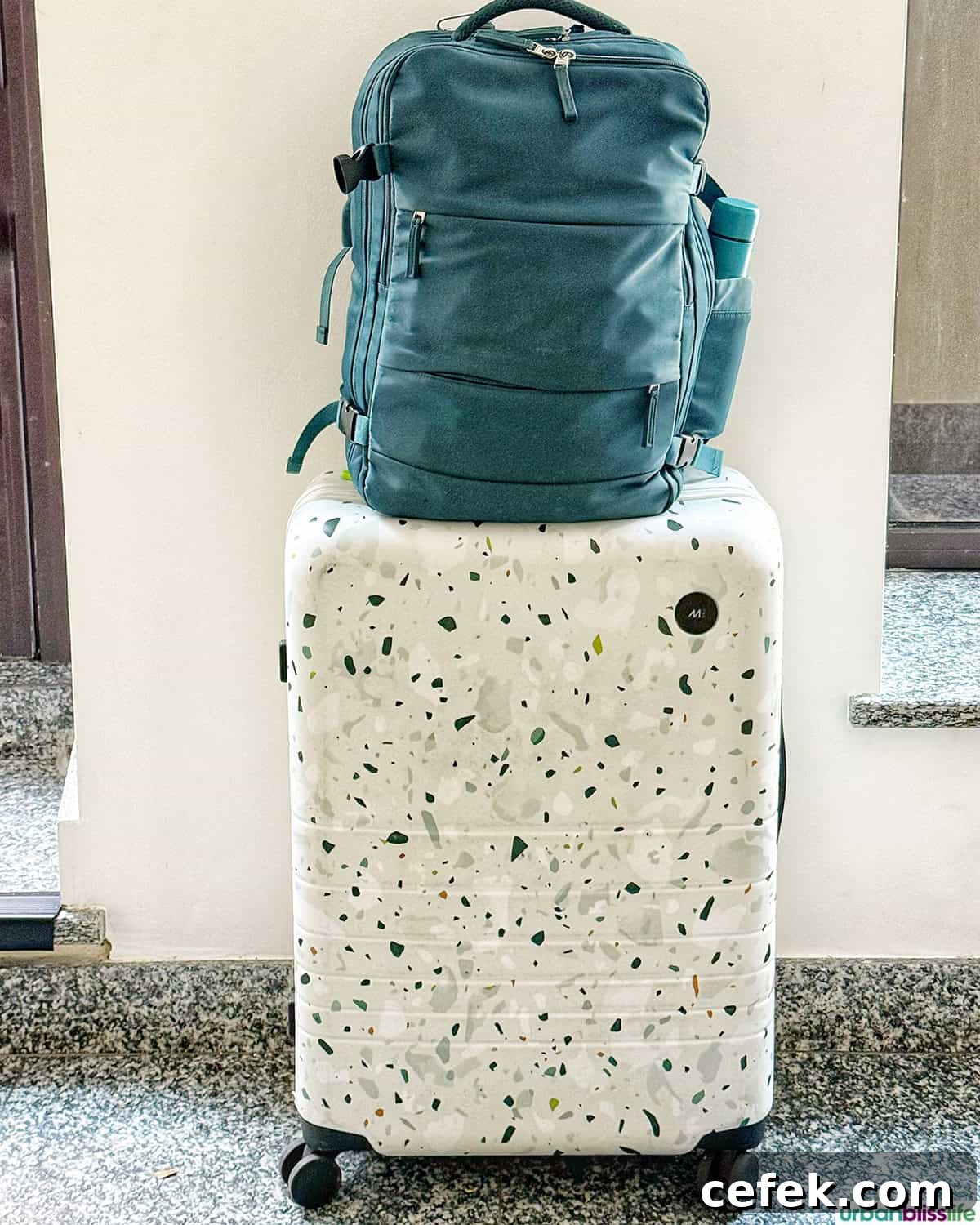 Monos confetti luggage and blue travel backpack.