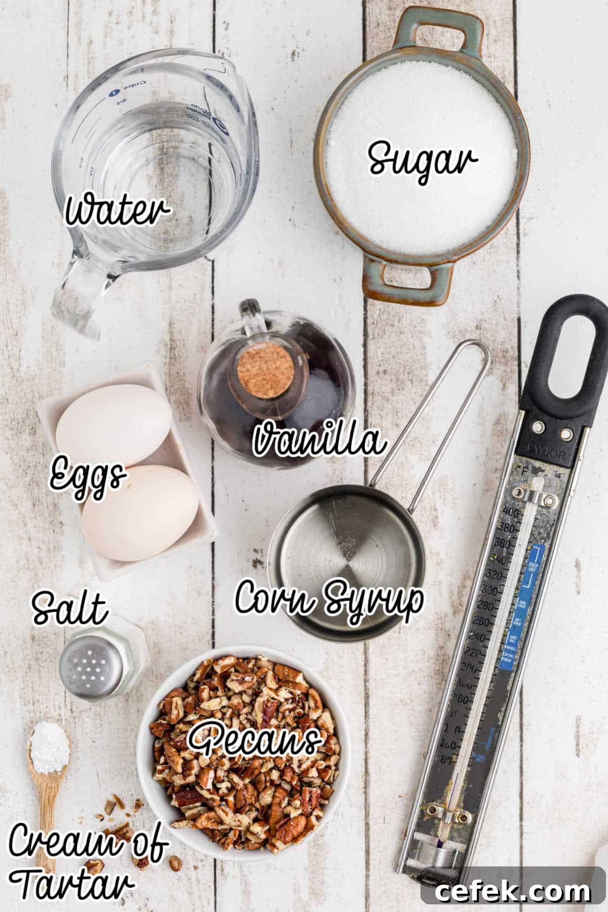 Ingredients from overhead that would be needed to make pecan divinity candy.