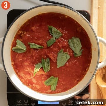 Simmering tomatoes and basil in a pan.