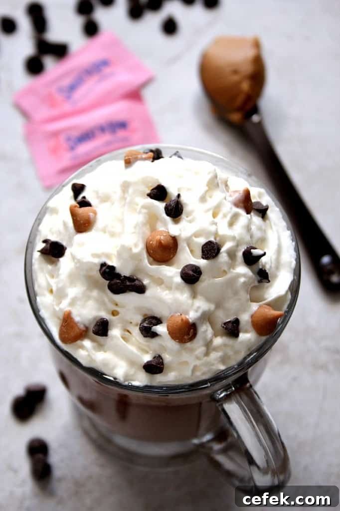 Overhead shot of peanut butter hot chocolate with whipped cream and peanut butter chips.