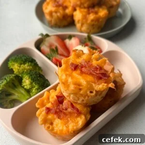 Mac and cheese muffins served with strawberries and broccoli.
