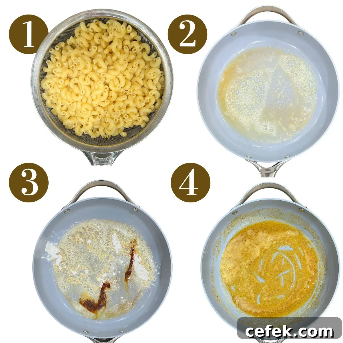 Steps to make mac and cheese muffins.