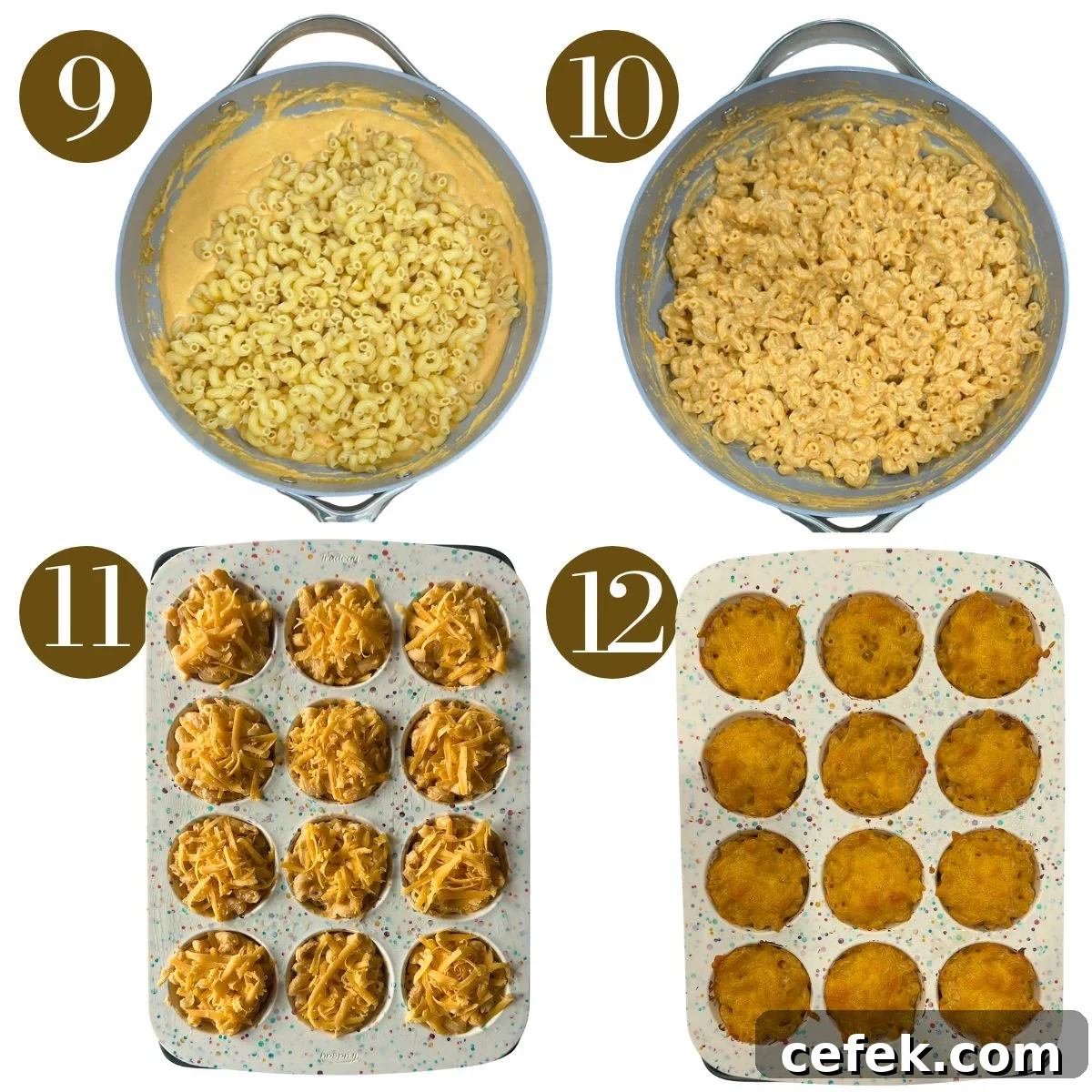 Steps to make mac and cheese muffins.