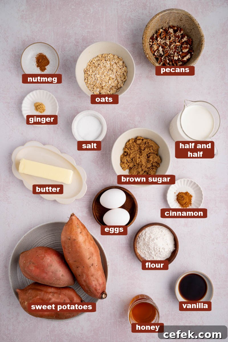 All of the ingredients for sweet potato casserole in bowls on a countertop.