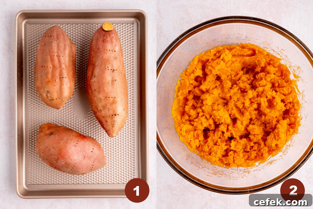 Sweet potatoes sit on a baking sheet before going into the oven. Then the mashed sweet potatoes are in a bowl on the right.