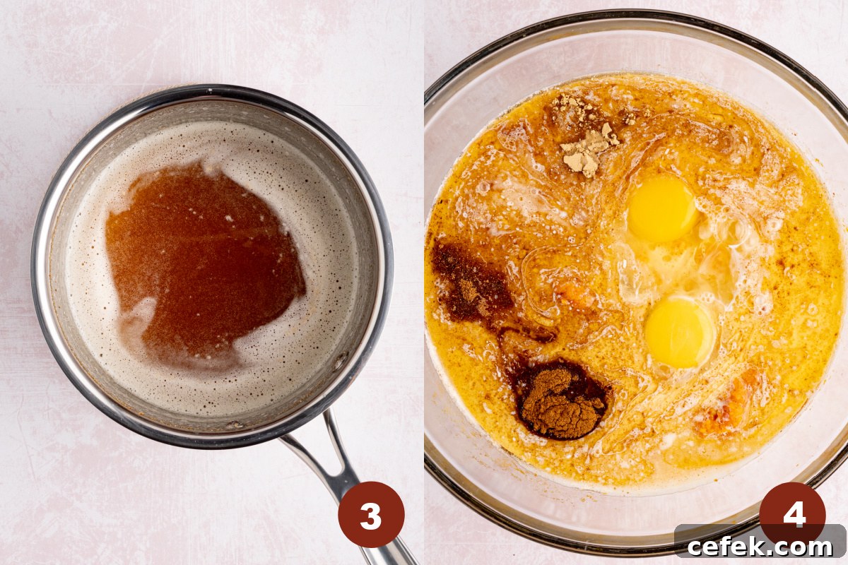 The brown butter sits in a saucepan with a bowl of all of the sweet potato casserole filling sits on the right.