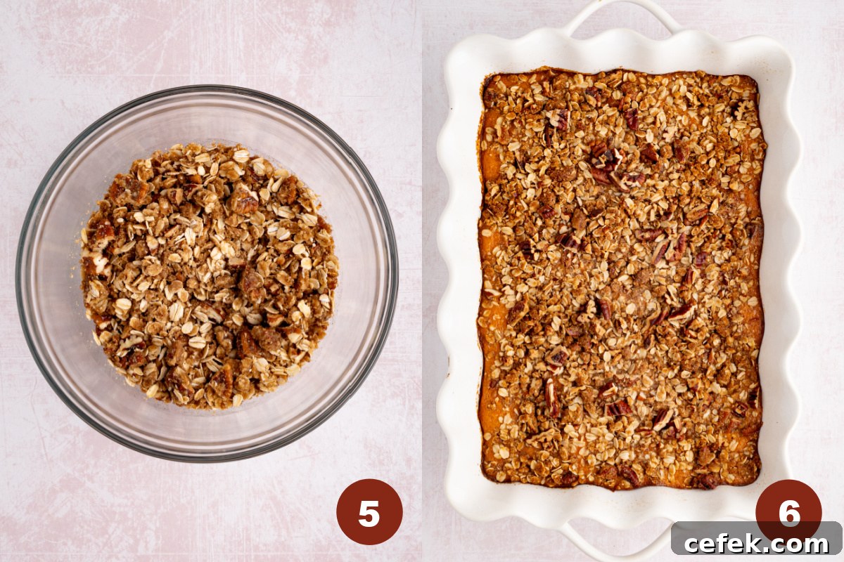 The pecan crumble is in a bowl on the left. The assemble sweet potato casserole is in a white rectangular baking dish before going into the oven. 