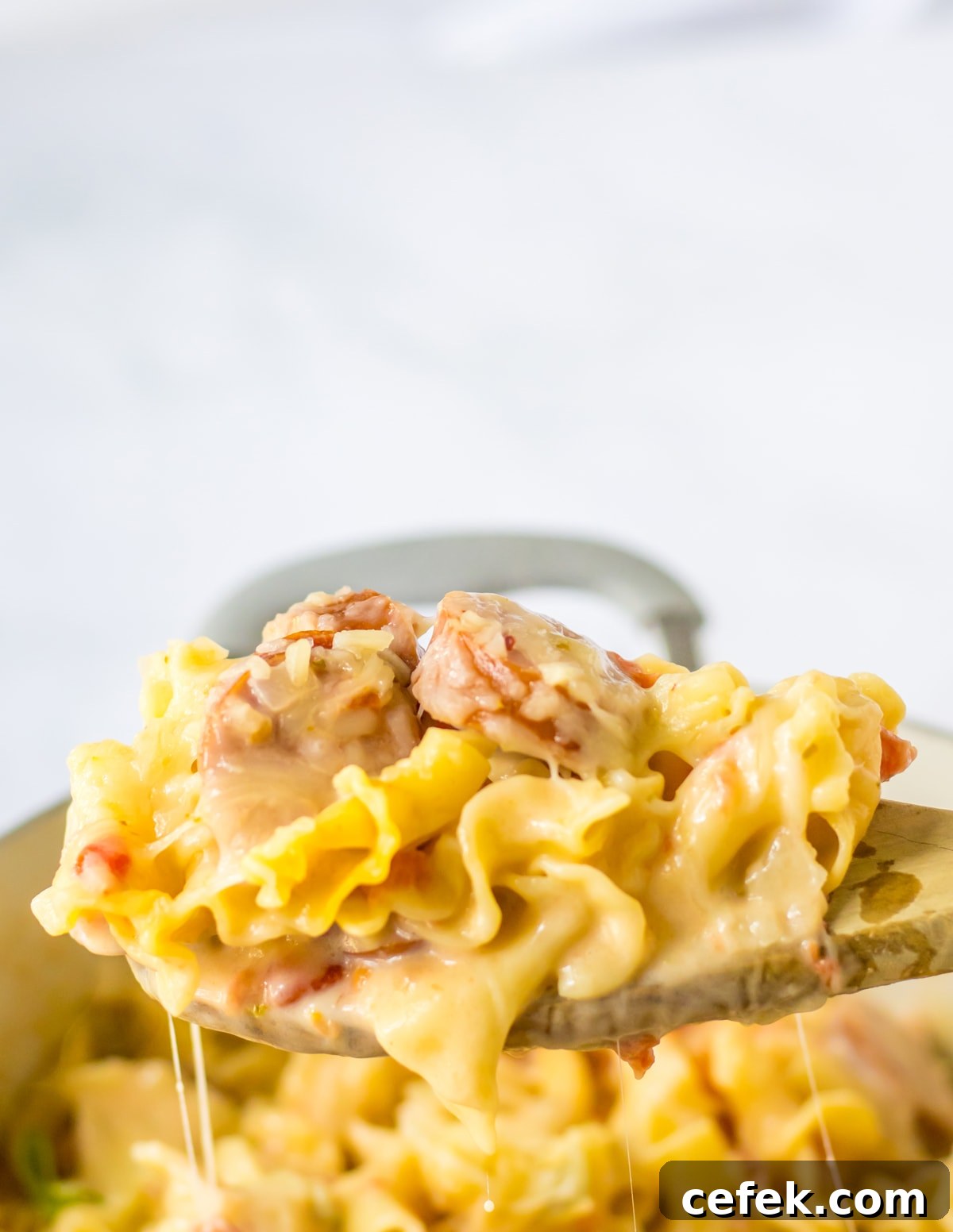 wooden spoon with creamy sausage pasta