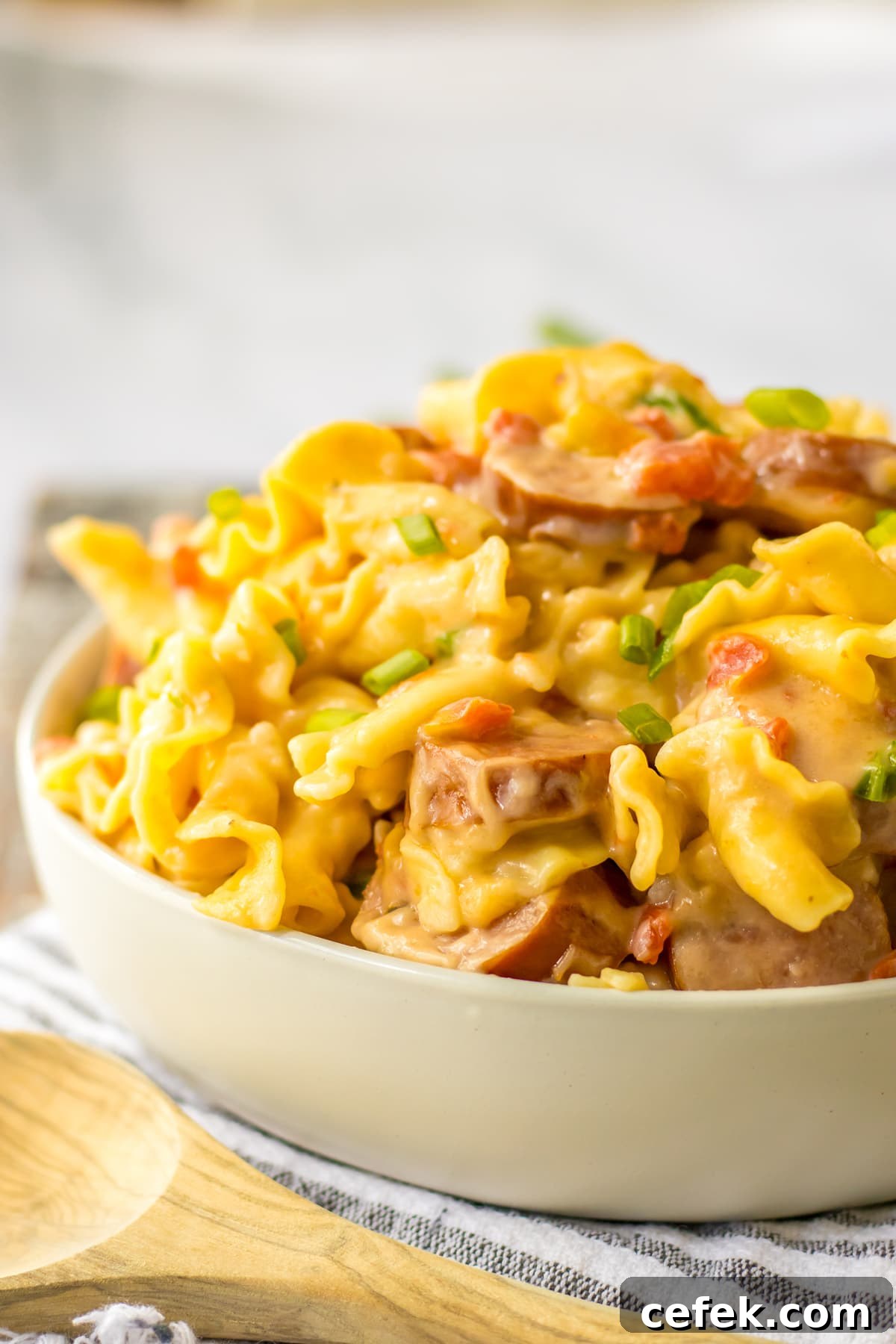 creamy sausage pasta in bowl