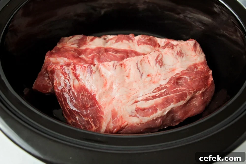 Raw pork ribs in crock pot.