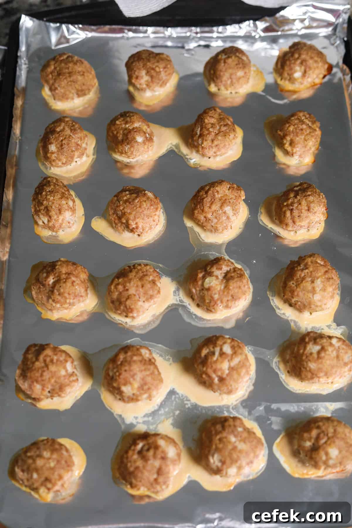 Cranberry meatballs on a baking sheet.