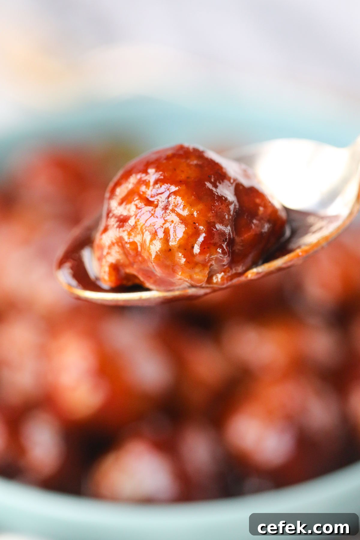 One cranberry meatball on a silver serving spoon to show detail.