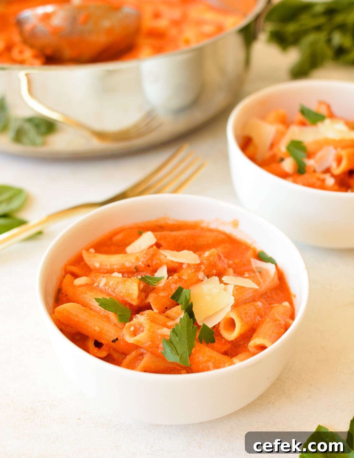 a bowl of pasta in tomato cream sauce