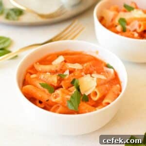 a bowl of pasta in tomato cream sauce