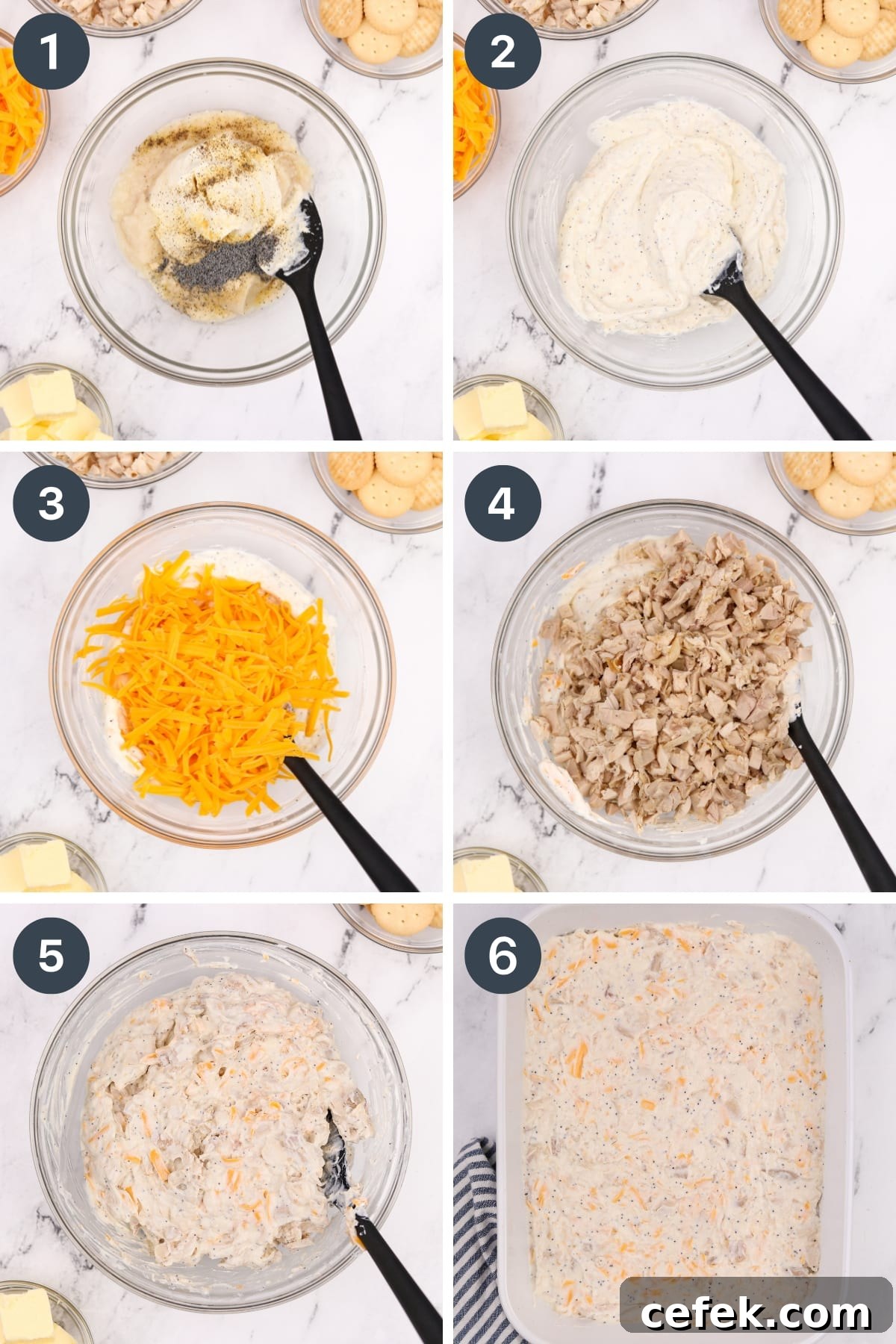 Adding cream of chicken soup, sour cream, cheese, and chicken to a bowl. It's then spread into a baking dish, topped with crushed crackers, and baked.