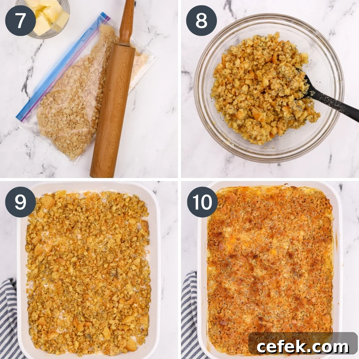 Crushing crackers in a plastic bag, then mixing with butter and adding it to a casserole dish.