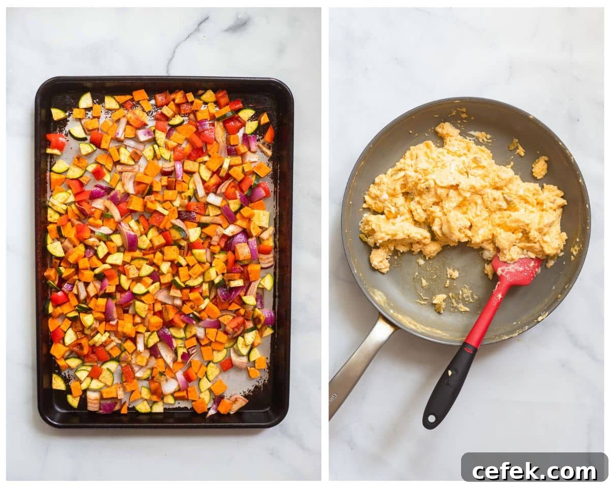 collage of 2 images, left image is vegetables on a sheet pan and right image is scrambled eggs in a skillet.