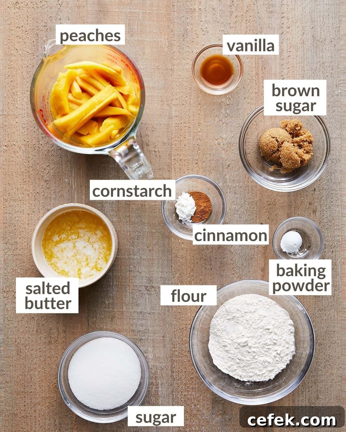 Overhead shot of ingredients for air fryer peach cobbler in glass bowls.