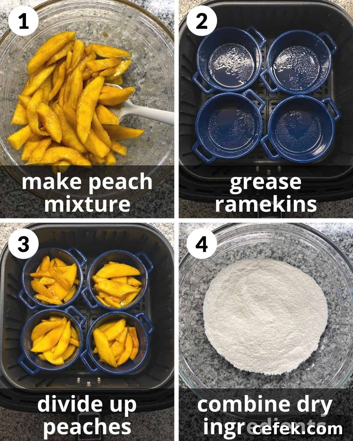 4 photos. Peaches in bowl. Ramekins greased in basket. Peaches in ramekins. Dry ingredients in bowl. 