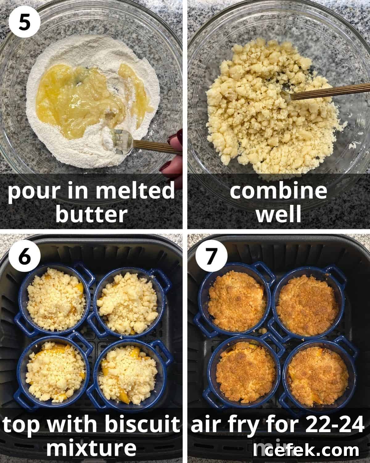 4 photos. Butter on top of flour. Crumb mixture in bowl. Topping on peaches. Baked air fryer cobblers in basket. 